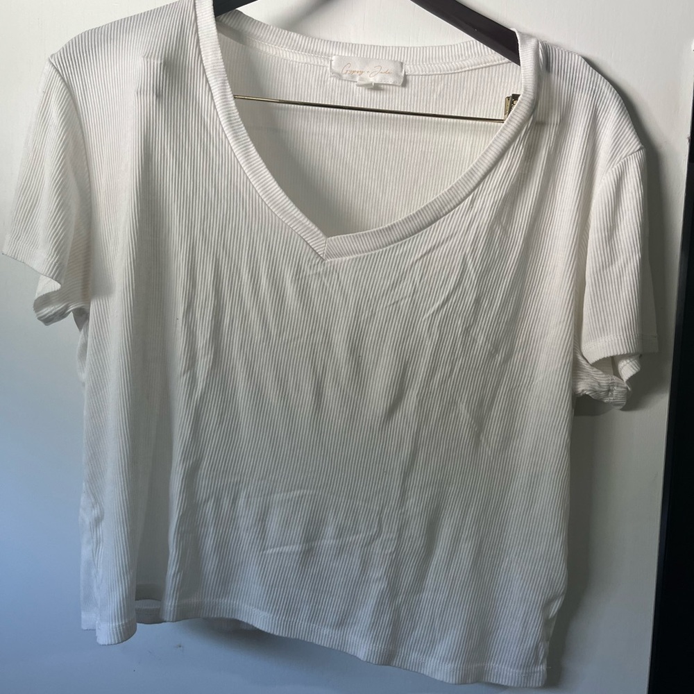 White V-Neck Ribbed Women's Top